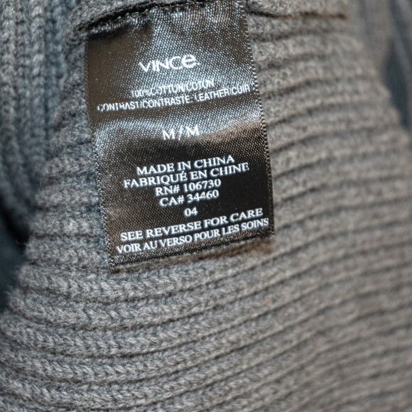 Vince Men's Cotton Ribbed knit Crew Sweater leather shoulder patch M - Picture 8 of 8